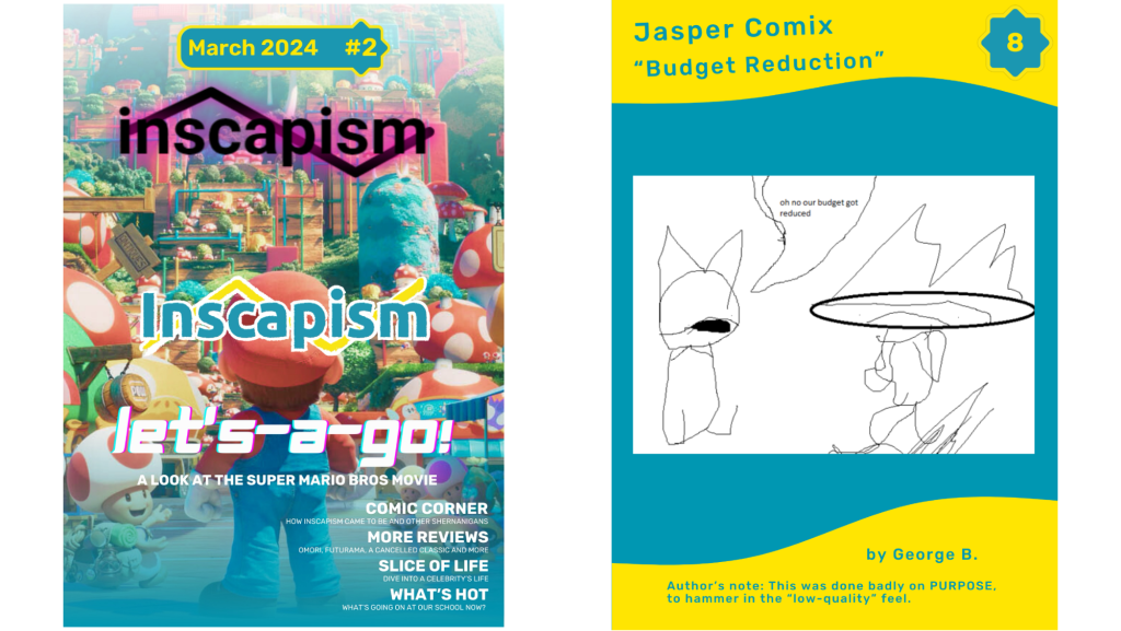 image of the front cover of INscapism and a cartoon ‘Budget Reduction’ by George Beswick