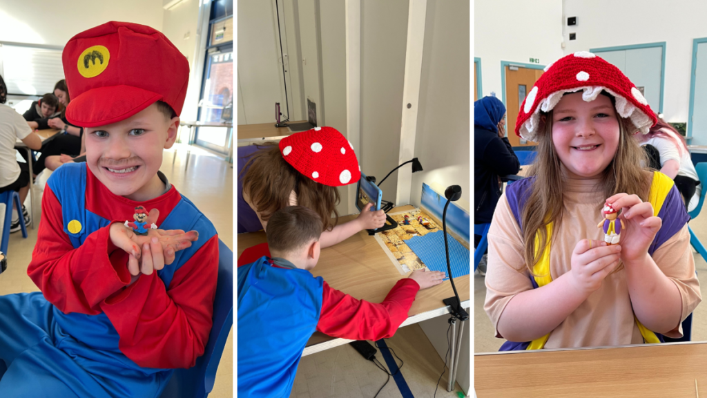 Collage of 3 images: first of a student dressed like mario holding a small clay mario he made, a student dressed like toad holding a small clay toad she made and a photo of both of them working together setting up their figurines.