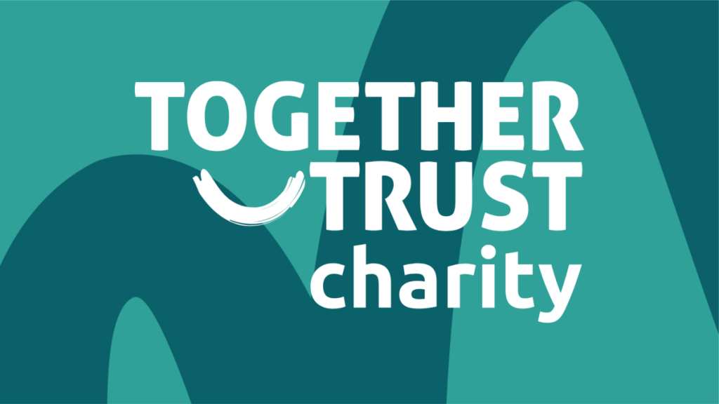 Together Trust logo on a patterned teal background.