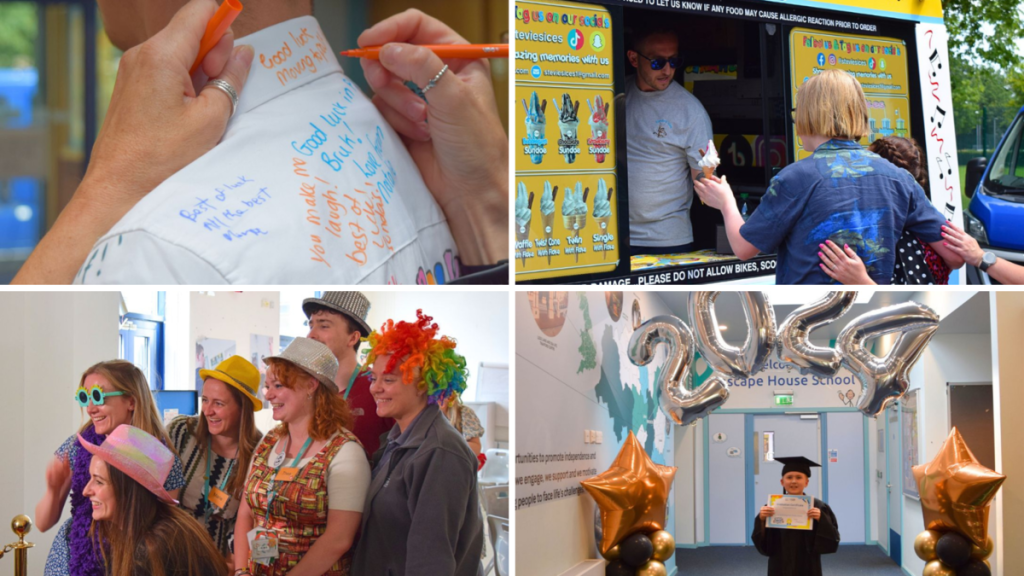 Collage of 4 images: first shows someone writing a positive message on a student's white shirt covered in messages from others. Second shows a teen boy ordering ice cream from a van. Third shows a group of teachers all wearing props taking photos in front of a photo booth. Fourth shows a young boy wearing a cap and gown posing with a diploma in front of a balloon arch.