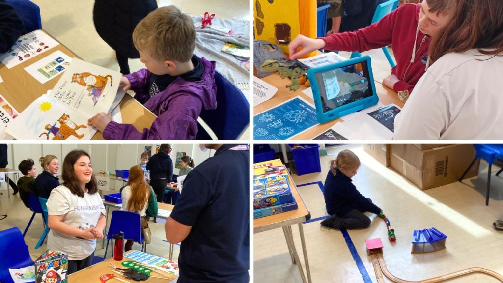 A collage of four photos. One captures a curious student fascinated by the vivid illustrations in a children's book. In another, you'll find a young enthusiast, eagerly sharing a dinosaur video on his iPad with a friend. The third is a heartwarming snap of a girl joyfully engaging with her teacher at her stall. And finally, a picture of a little one, seated comfortably on the floor, playing with trains and tracks.