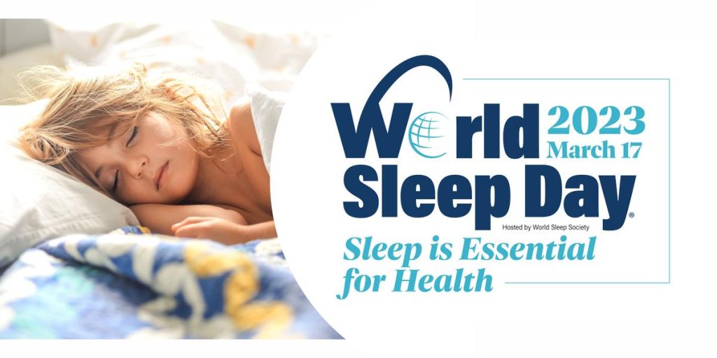 A child sleeping. To the right text reads "World sleep day 2023. Sleep is essential for health"