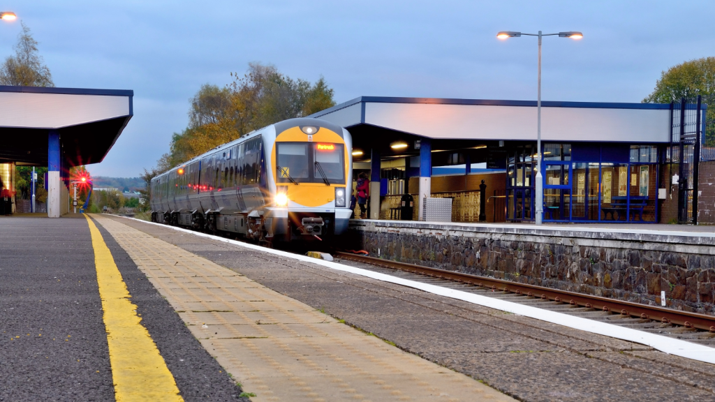 A train is pulling into a station.