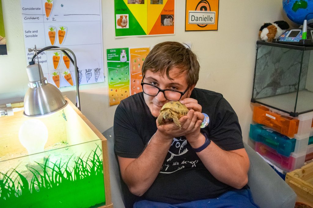 Jack is holding a small tortoise in his hands and is holding it up to his face. He is sitting in the animal assisted intervention room, next to the tortoises' tank.