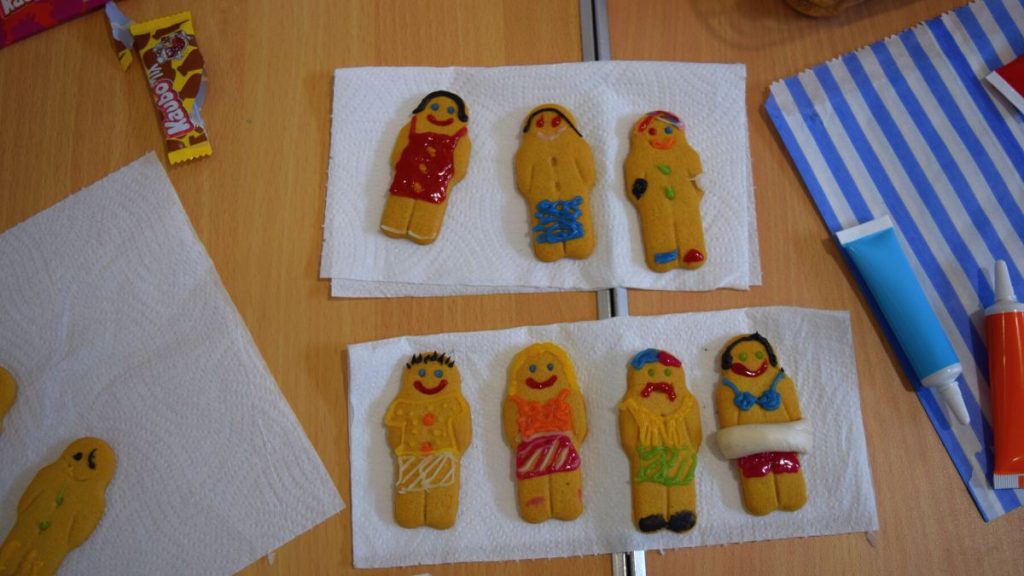 A selection of decorated gingerbread biscuits.