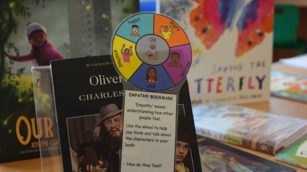 A close-up shot of an empathy bookmark.