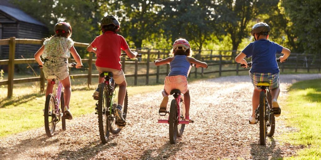 A photo of 4 children riding away on bikes in the sunshine