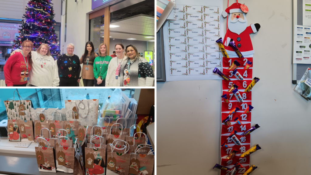 staff from college standing in front of a Christmas tree