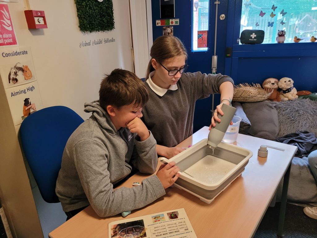 Two children preparing a bath for tortoises by adding warm water to a small bucket.