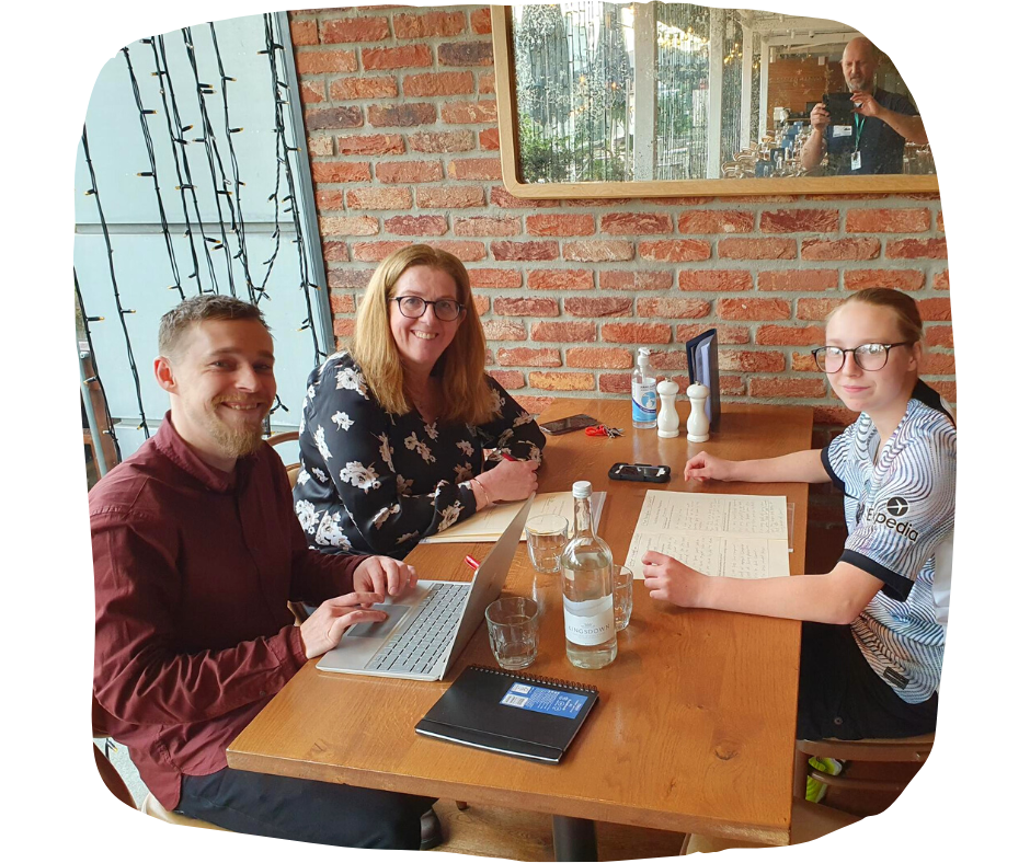 Faye, student, during her interview with Marie Young, Teacher at Inscape and Mikey, Training Manager at Gusto.