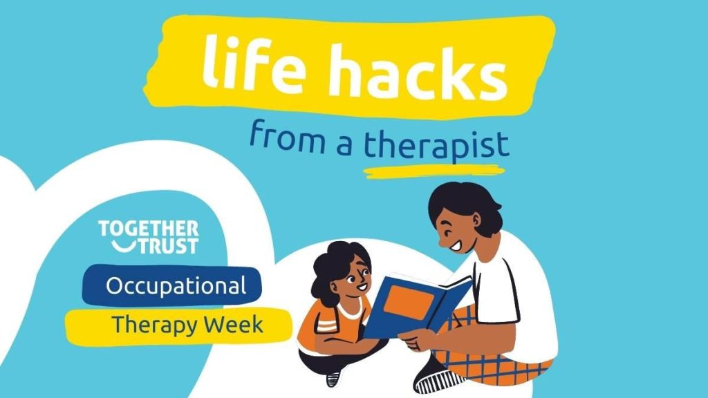 Life Hacks from a therapist as part of Occupational Therapy Week - a cartoon image of a therapist sat on the floor with a child looking at a book
