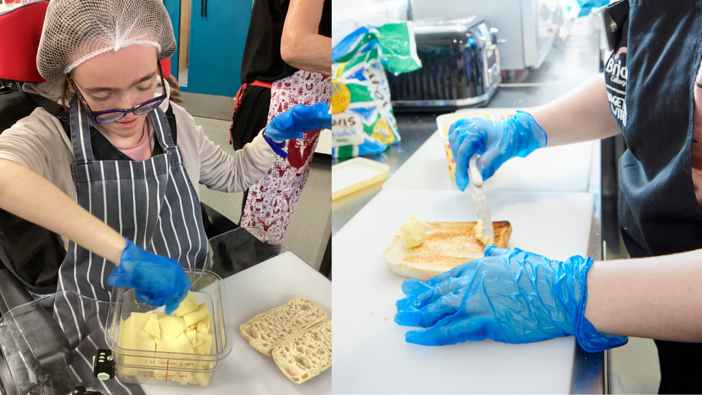 Collage of 2 photos: on the left A young woman is arranging cheese slices on a panini. On the right she is buttering up a slice of bread.