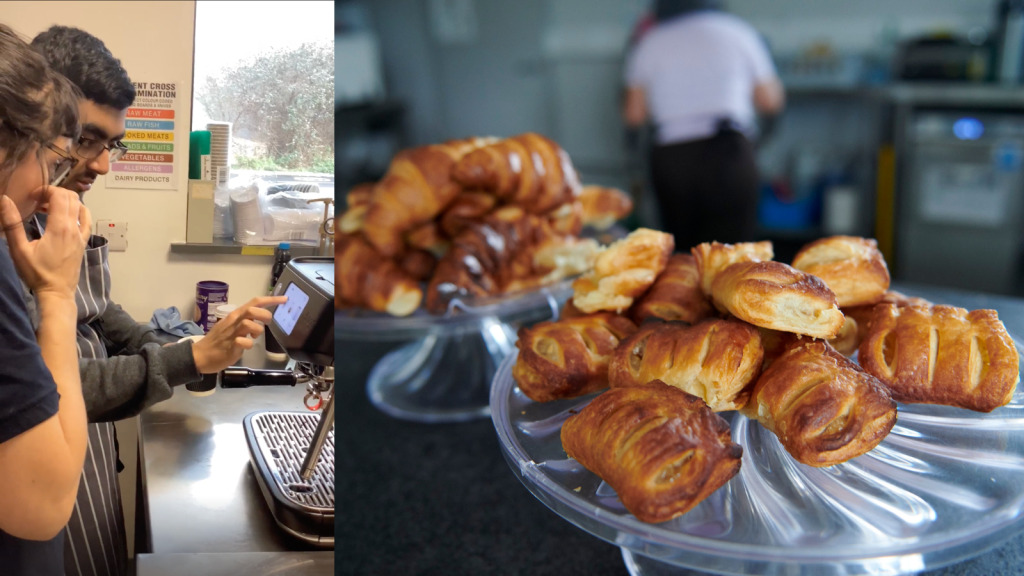 A collage of 2 images: on the right, a pile of pastries. On the left a young man is operating a coffee machine. 