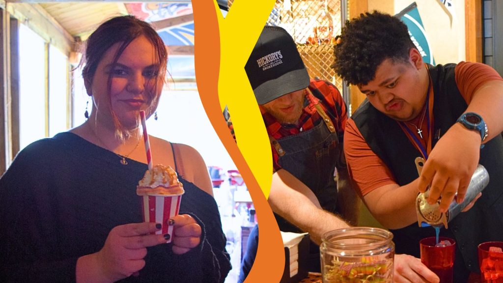 A two-image collage: in one, a student smiles at the camera while holding a milkshake; in the other, another student prepares a cocktail with guidance from bartender Dave.