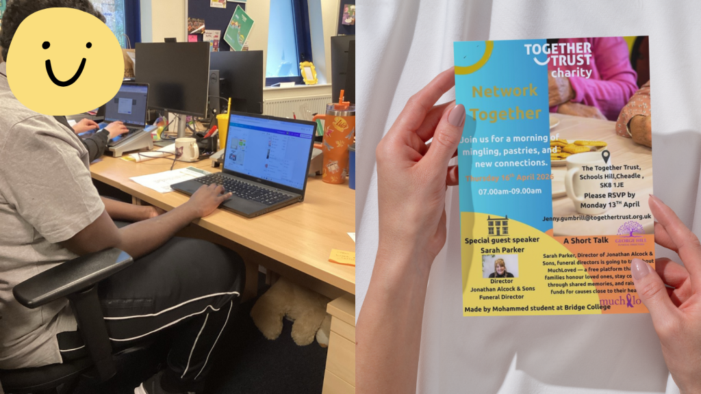 A collage of two photos - on the right a poster designed by Mohammed advertising a Networking event. On the left, a photo of Mohammed working on a computer. His face is covered by a smiley face sticker to protect his anonymity.