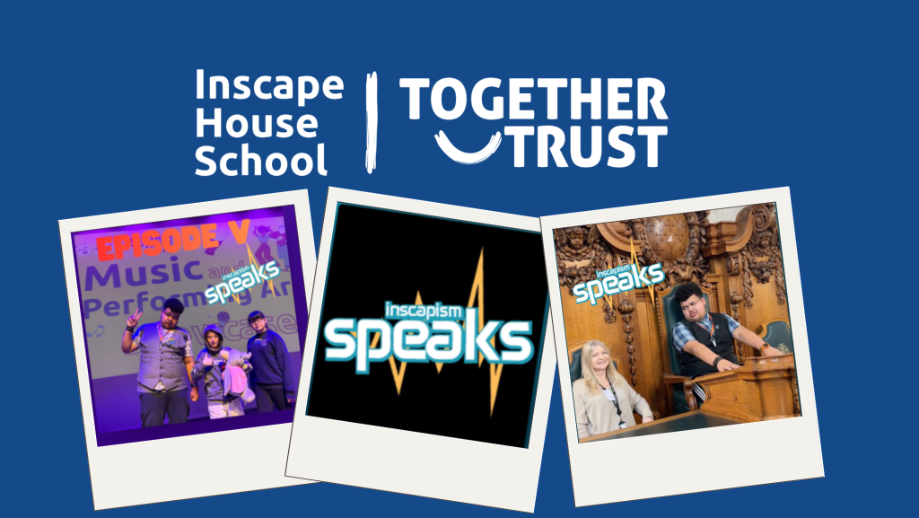 Three polaroid photos and the Inscape House School logo. Polaroid 1:  Episode V shows three students looking at the camera from a stage with the words 'music' and 'performing arts' behind them. Polaroid 2: the Inscapsim Speaks logo Polaroid 3: a student is sat in a large wooden chair looking down at another student who is sitting next to them. 