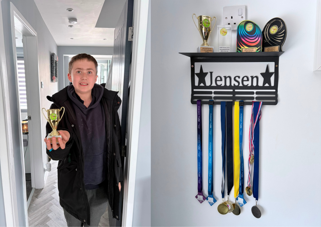 Two images: on the left jensen is holding up a trophy, and on the right his trophy and medal collection.