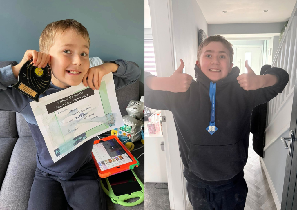 Two images: on the left Jensen is posing with a trophy and a certificate, and on the right he is wearing a medal and giving the camera big thumbs up.