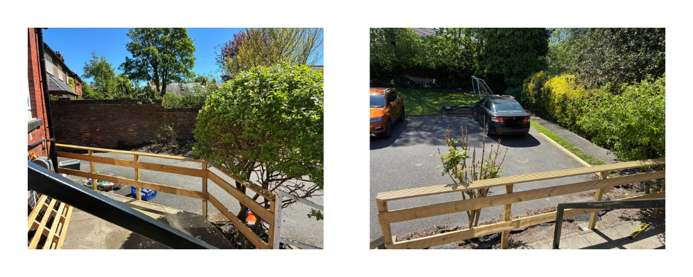two photos taken from the new patio area showing the work in progress
