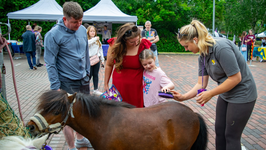 A photo of a family grooming a Shetland pony. The pony is eating hay.