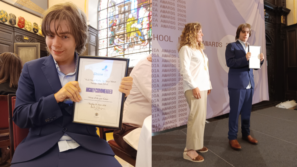 A collage of 2 images: on the right Harry is being presented his award on the stage, and on the left harry is presenting his award to the camera and smiling.