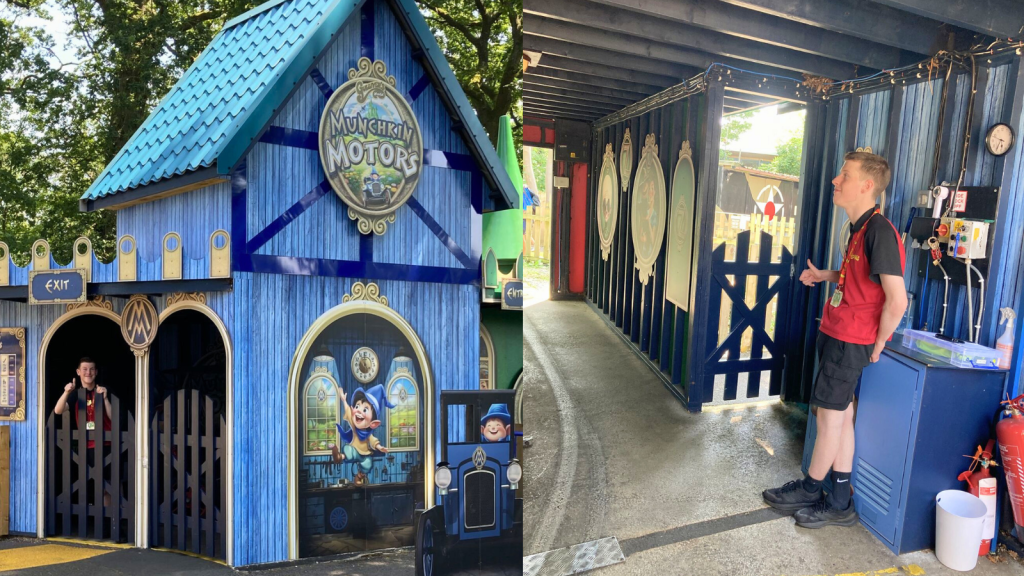 A collage for two photos: on the left Noah is smiling from behind the gates at one of the rides he is operating, and on the right he is giving the thumbs up to another ride operator. 