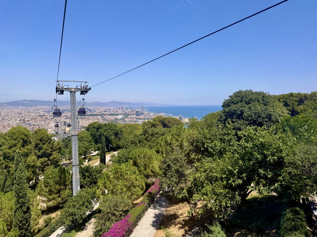 a view from a cable car over a vibrant green park, the city and the sea. 