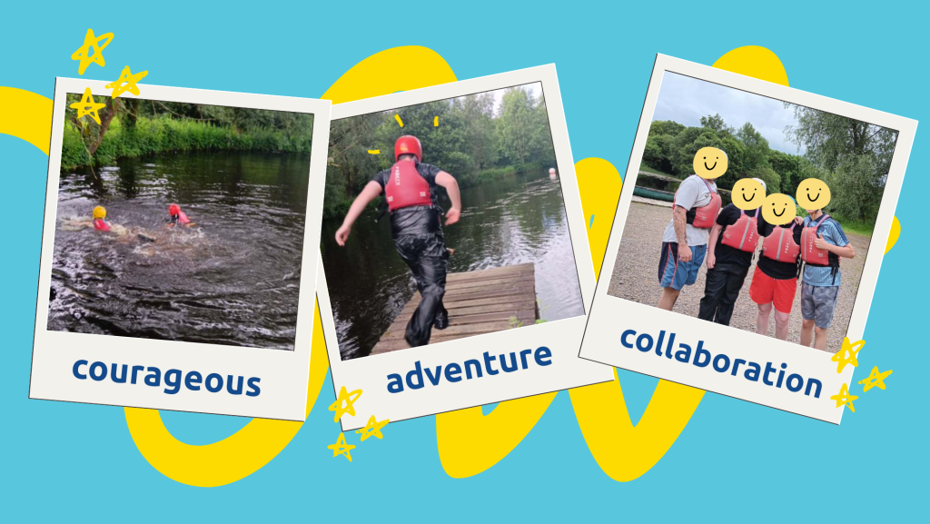 Three polaroid images. Photo 1: 2 young people in a lake, wearing safety jackets and helmets. Photo 2: a young person is running to the end a jetty about to leap into the lake. Photo 3: the young people and crosskey colleagues stand together smiling at the camera 