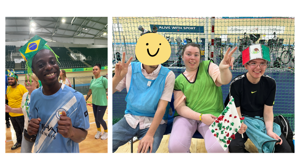 Two photos of Bridge College students. The first one is a student smiling at the camera wearing a hat decorated as the Brazil flag. The second photo shows three students sat down smiling at the camera. the student on the right, is wearing a hat decorated as the Mexican flag