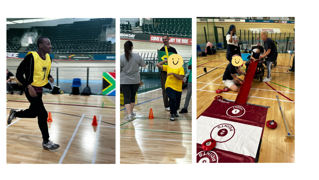 Three photos showing students taking part in sporting activities. Photo 1: the student is running. Photo 2: the student is throwing a javelin. Photo 3: the student is playing Boccia