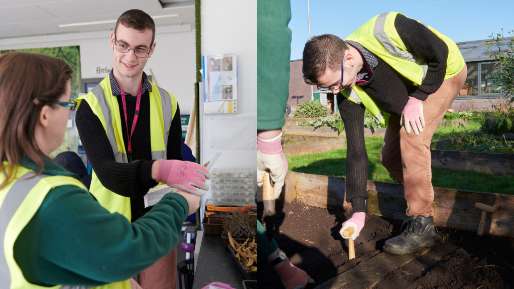 A collage of 2 photos of McKenzie: in one he is working with a staff member in the horticulture classroom, in the other is creating drills into the earth for vegetable planning.