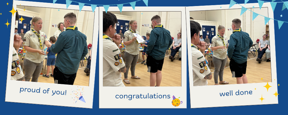 Three photos of a young person in a scout uniform receiving their scout award