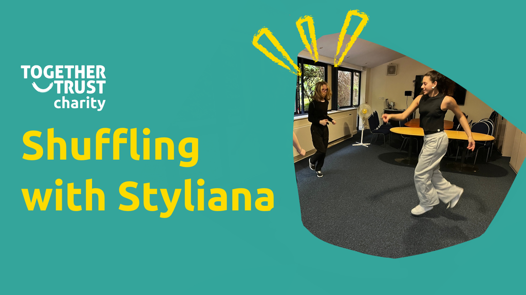 Text reads "Shuffling with Styliana" next to a photo of a student dancing next to Styliana. 