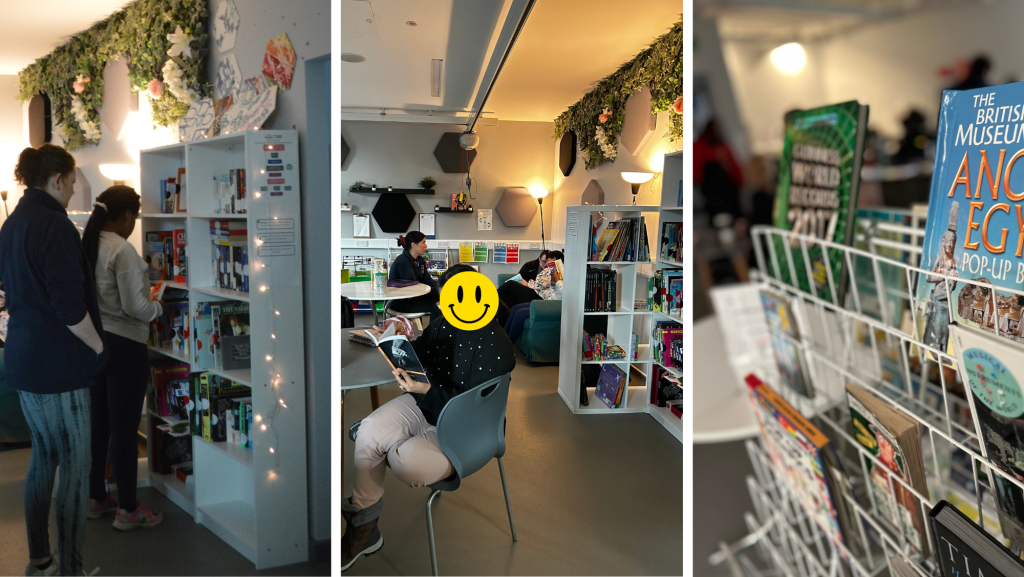 Three photos side by side. Photo 1 shows students choosing a book from the bookshelf. Photo 2 shows a student at a table reading. Photo three shows a selection of books on a shelf