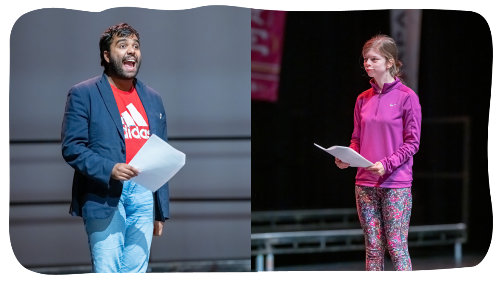 a collage of 2 images of student actors on a stage: on the left is a young man wearing a suit jacket talking animatedly to the audience, on the right is a young woman in sportswear talking to another actor.