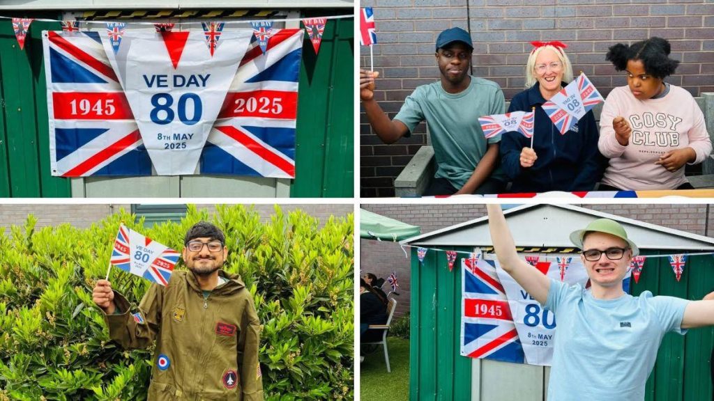 A collage featuring four photos that depict staff and students celebrating VE Day.