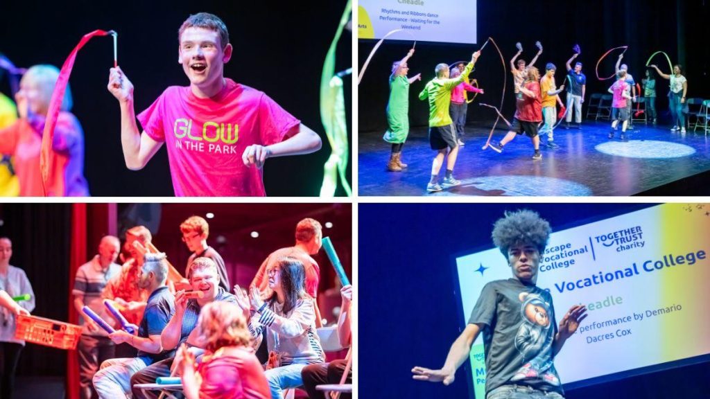 A collage featuring four photos: one captures a student beaming with joy while standing proudly on stage, another showcases a student dancing, filled with energy and passion. The third photo depicts a group of talented students immersed in their music, playing various instruments. Finally, the fourth image shows a dramatic scene, highlighting the intensity and creativity of a powerful theater act.