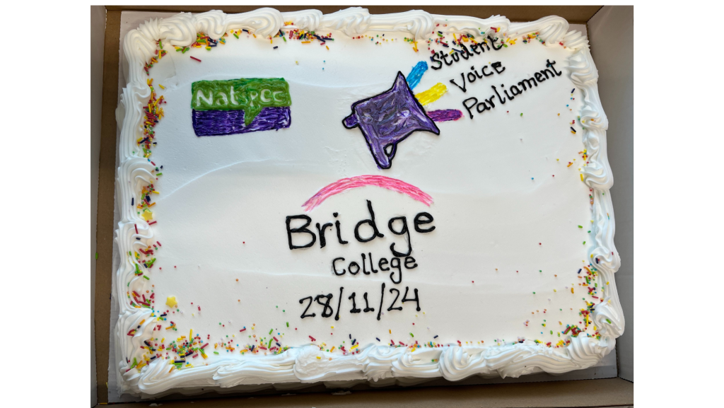 A photo of a cake with the Bridge college and Natspec logos on them