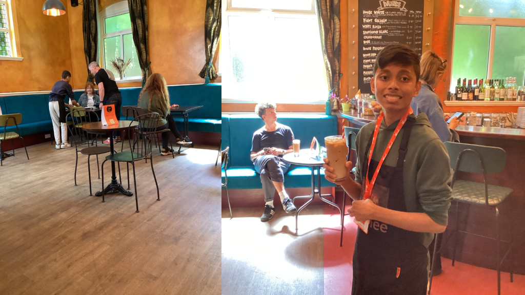 Collage of 2 photos: on the right a young man is holding an iced coffee smiling at the camera. on the left, he is serving a customer in the cafe. 