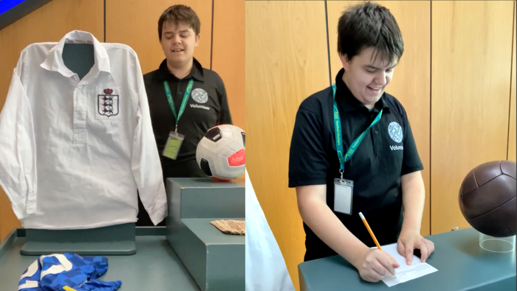 A collage of 2 images of Paul, a young man, at the National Football museum: in one photo he is talking about a shirt on display. In the other he is writing down on a piece of paper next to a leather football. 