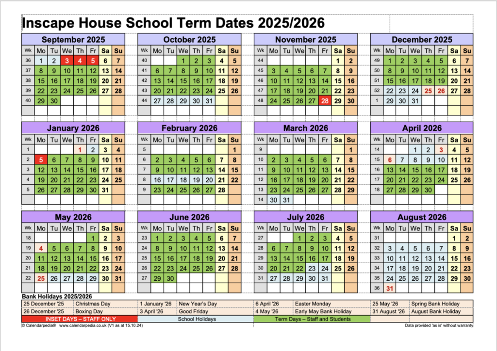 inscape house school term dates calendar