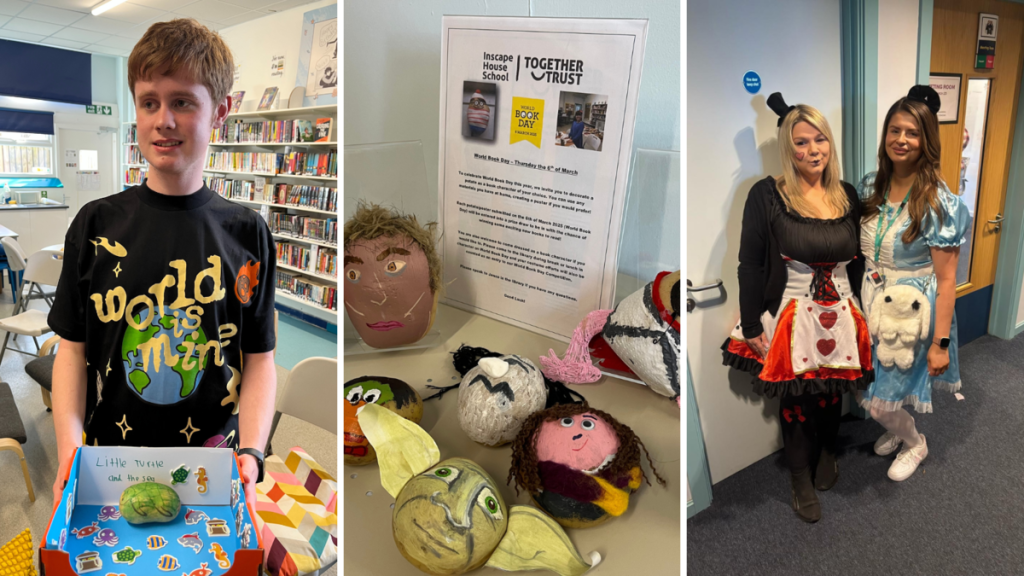A collage of 3 images: a student holding up a box showcasing his decorated potato: a turtle. Another photo shows a group of decorated potatoes. The third photo shows 2 staff members dressed like Alice in Wonderland and the queen of hearts from the same story. 