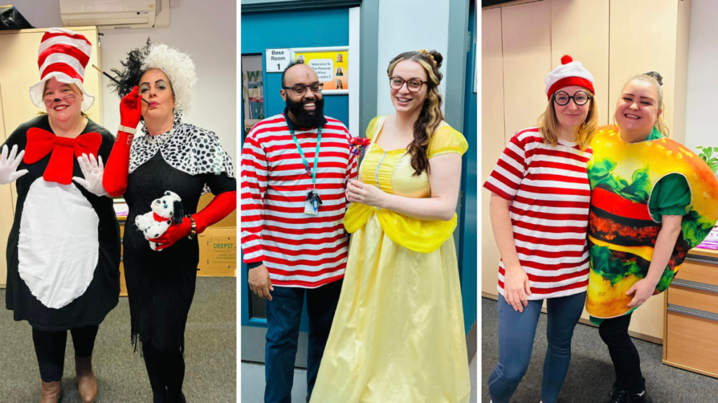 Staff dressed up as Cat in the Hat, Cruella, Where's Wally, Belle and a hamburger.