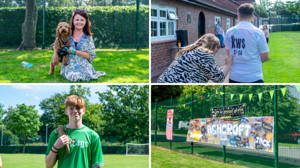Collage of 4 images: first showing a woman kneeling on the grass posing with a curly haired dog, second of a staff member writing a message on a student's white shirt covered in other messages, third showing a teen boy holding a lizard on his shoulder. Fourth image showing multiple banners tied to a fence. banners read " we are so proud of you".