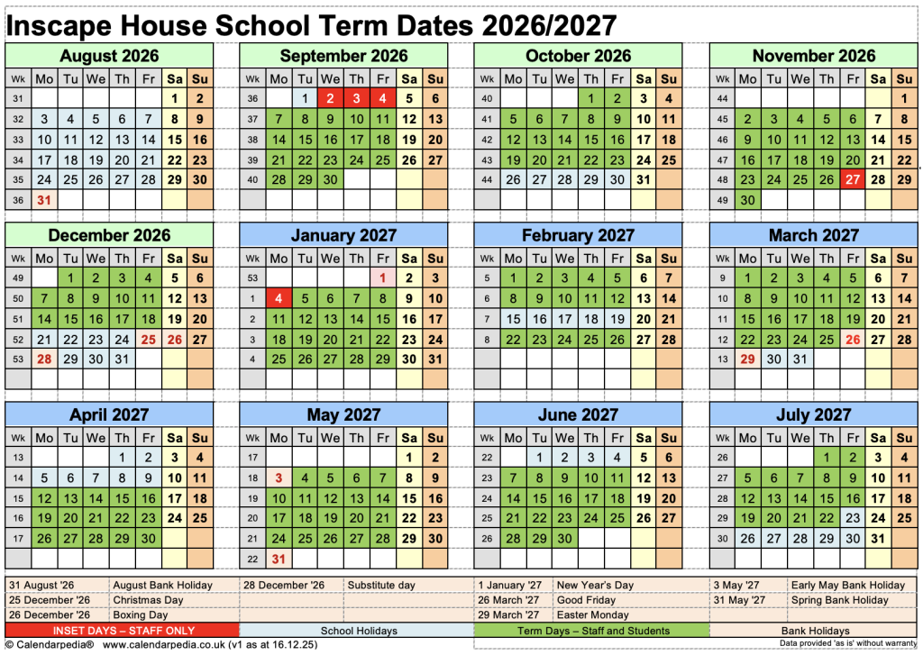 Inscape House School term dates 26/27
