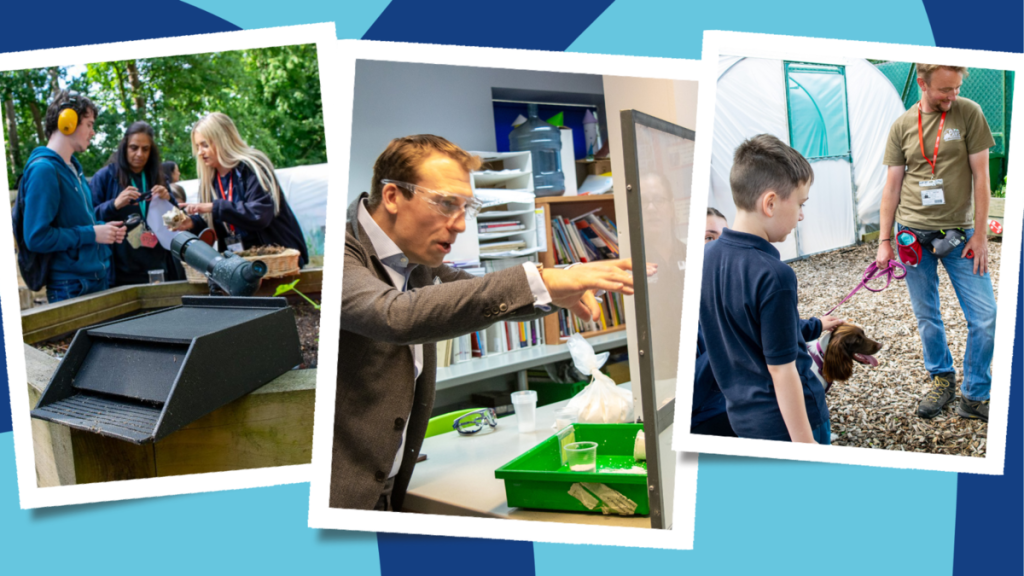 Collage of 3 images depicting a small black bat box, a man in a suit conducting an experiment behind plexiglass and the third of a man stood next to a child and a dog pointing at the ground. 