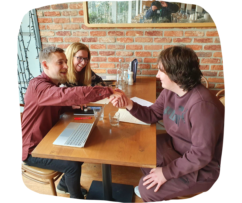Student during his interview with Marie Young, Teacher at Inscape and Mikey, Training Manager at Gusto.